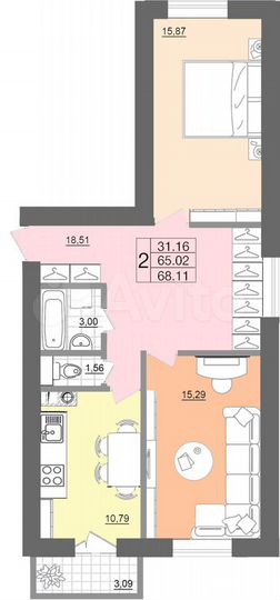 2-к. квартира, 68,2 м², 10/10 эт.