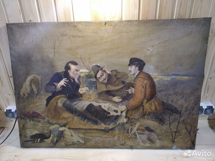 Картина охотники на привале. Масло