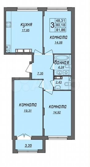 3-к. квартира, 81,9 м², 2/9 эт.