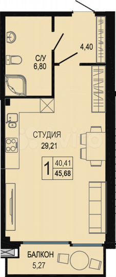 Апартаменты-студия, 45,7 м², 3/7 эт.