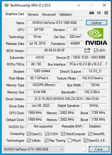Asus GeForce GTX 1060 dual OC 6GB