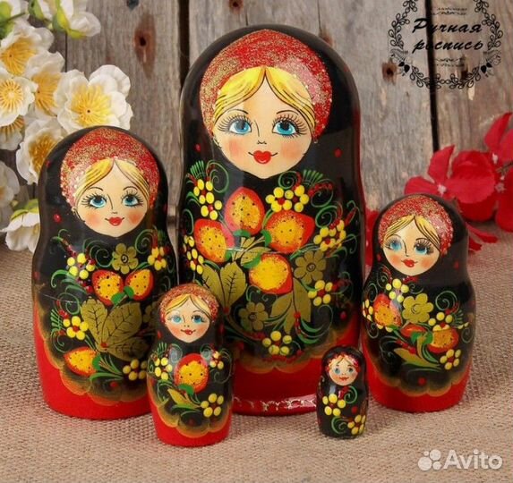 Матрёшка Хохлома чёрный платок 5 кукольная люкс