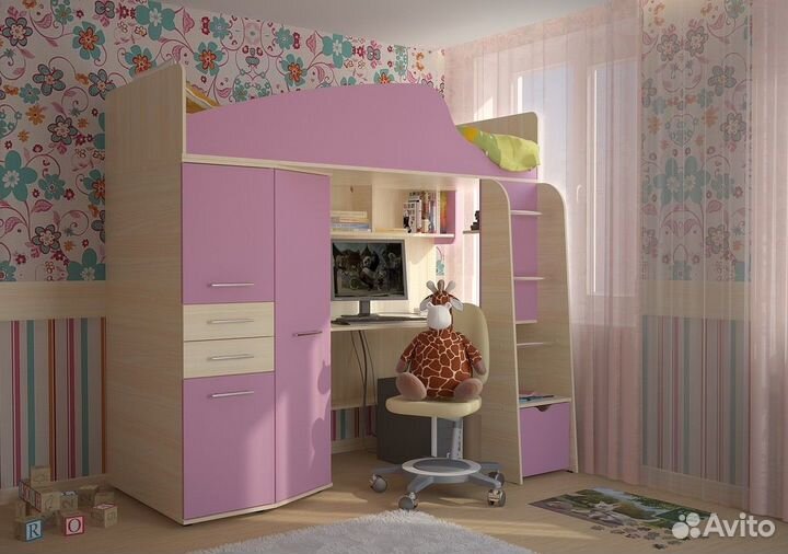 Детская кровать чердак со столом и шкафом