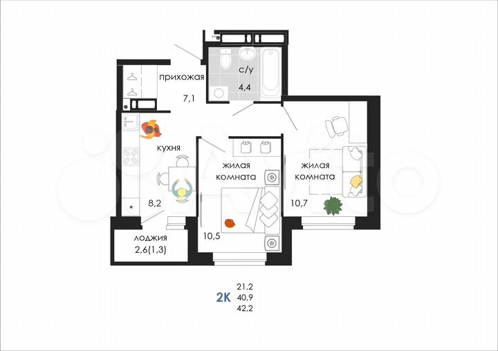 2-к. квартира, 42,2 м², 15/19 эт.