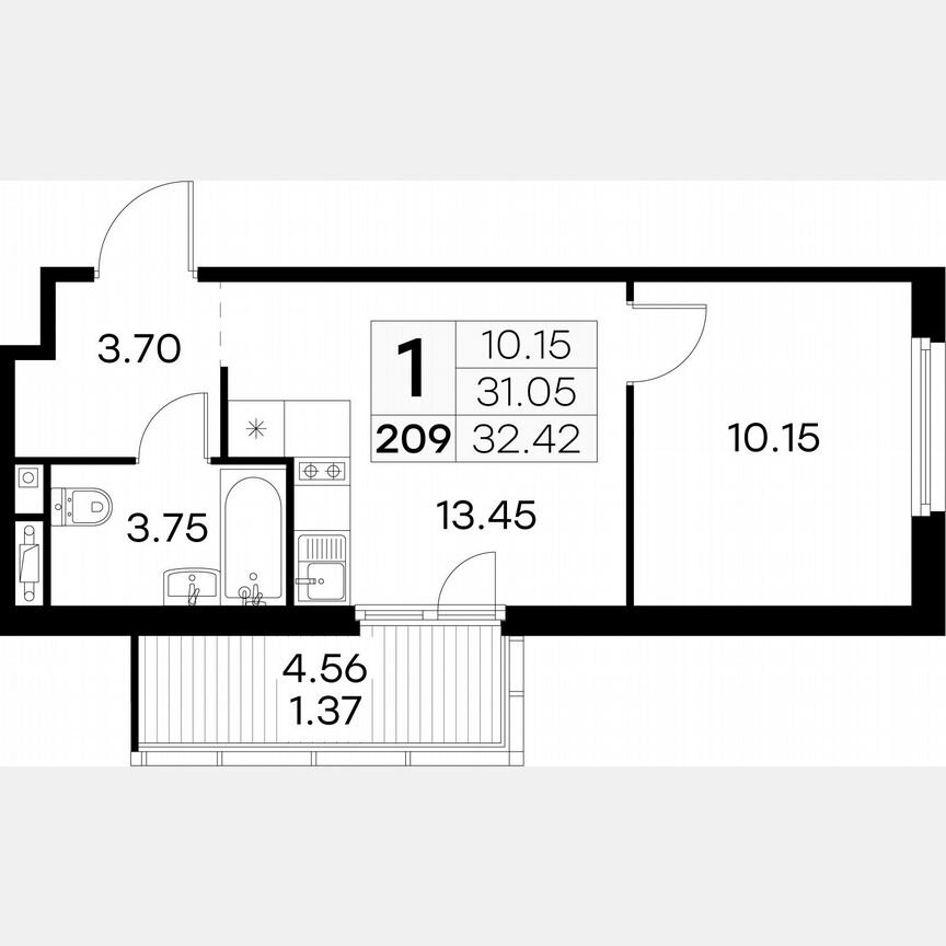 1-к. квартира, 32,4 м², 7/15 эт.