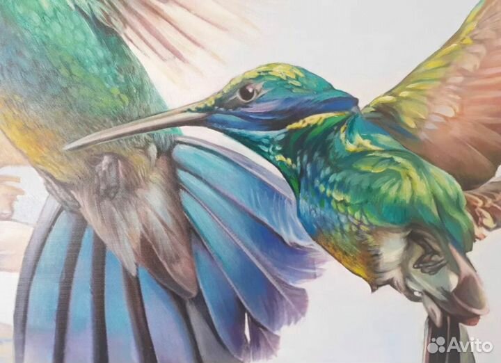 Картина маслом на холсте Колибри Яркие цветы