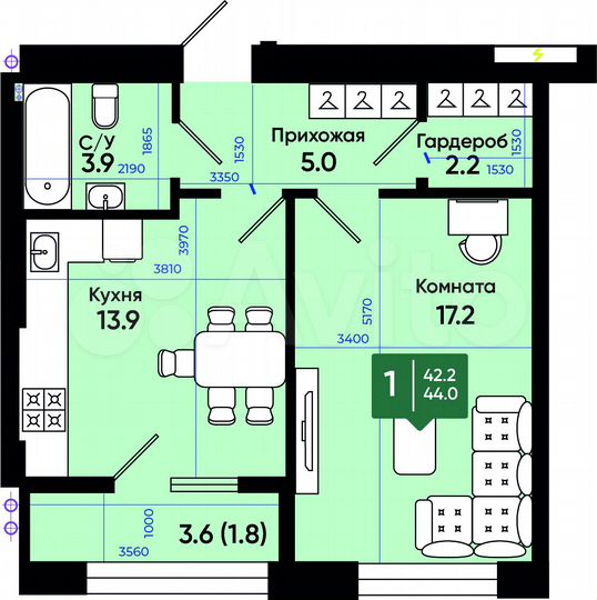 1-к. квартира, 44 м², 1/3 эт.