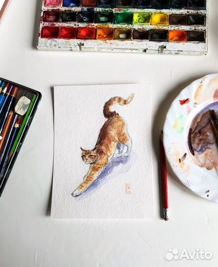 Рисунок Акварельный Рыжий Кот Оригинал Картина Руч