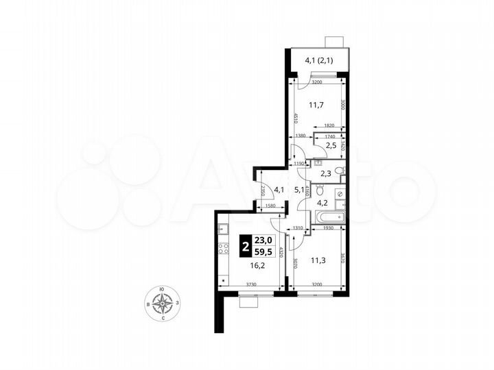 2-к. квартира, 59,5 м², 16/17 эт.