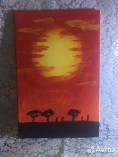 Картина закат в саванне, гуашь