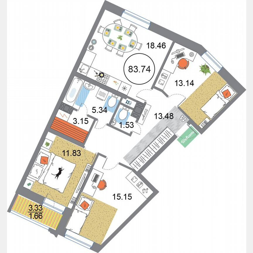 3-к. квартира, 83,7 м², 9/12 эт.
