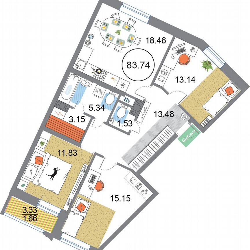 3-к. квартира, 83,7 м², 9/12 эт.