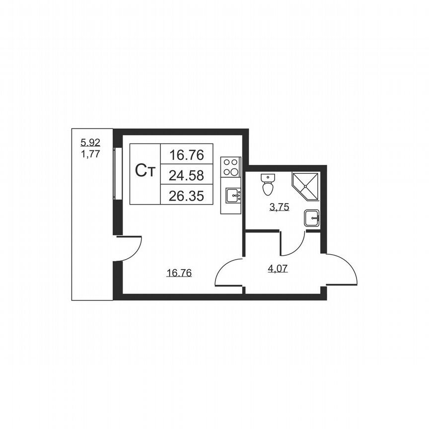 Квартира-студия, 26,4 м², 8/19 эт.