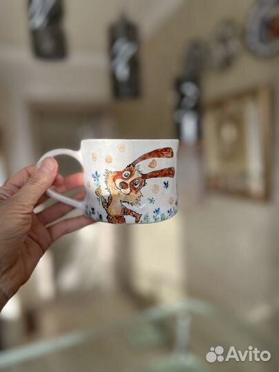 Кружка ручная лепка и ручная роспись зайчик
