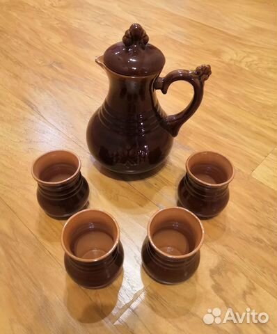 Кувшин глиняный и 4 чашки, б/у, в отличном состоян