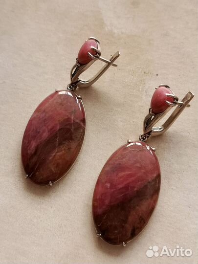 Серебряные серьги СССР с натуральным родонитом