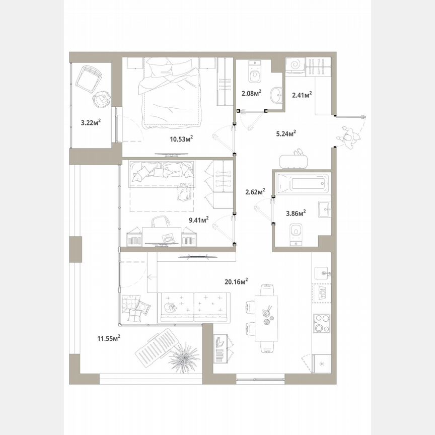 2-к. квартира, 61,4 м², 12/12 эт.