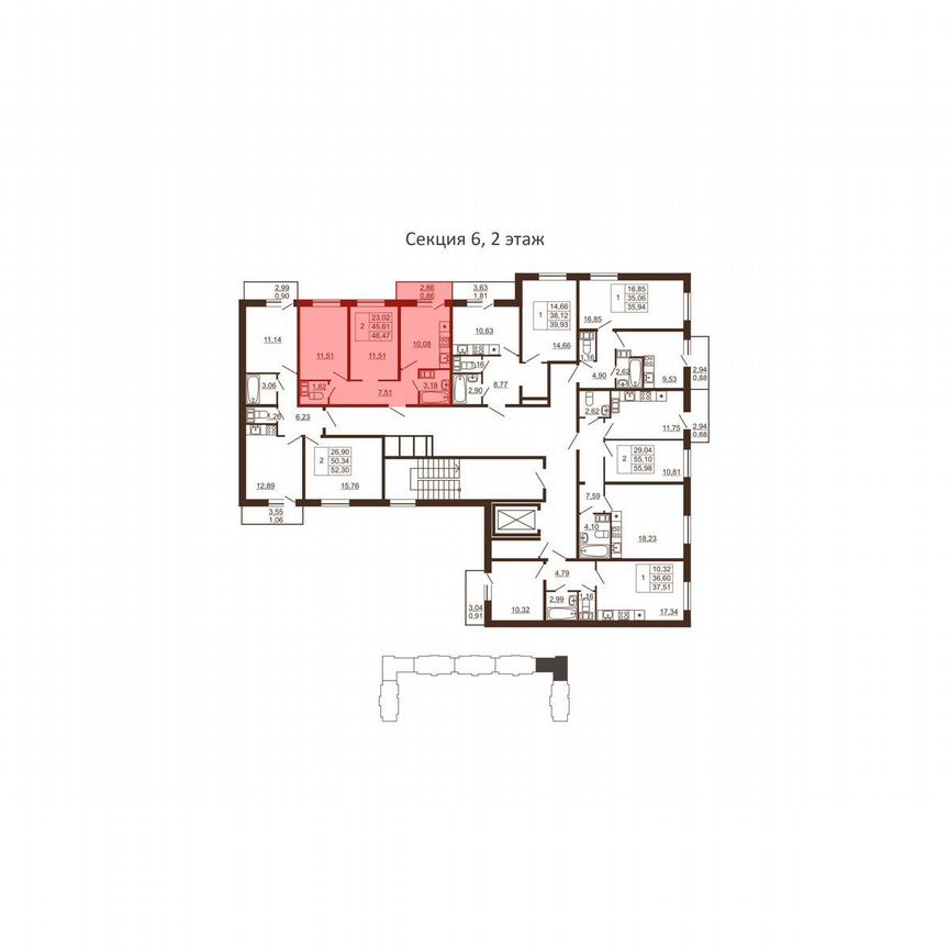 2-к. квартира, 46,5 м², 6/6 эт.