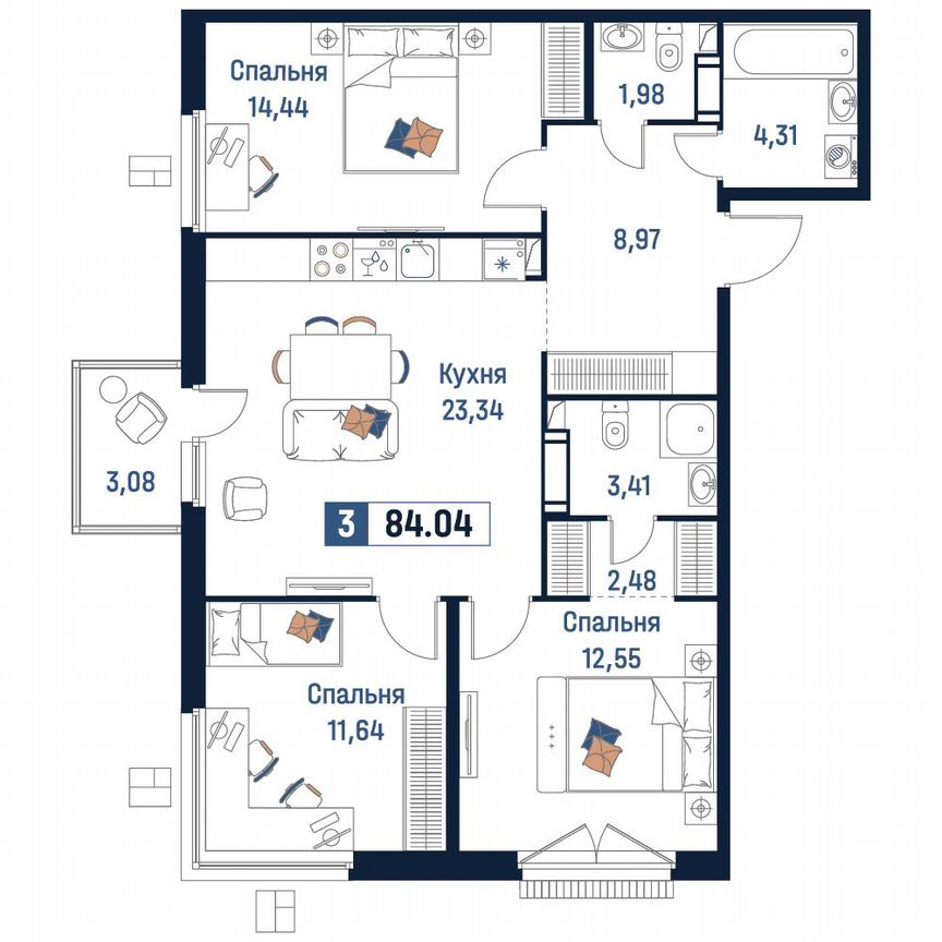 3-к. квартира, 84 м², 16/18 эт.