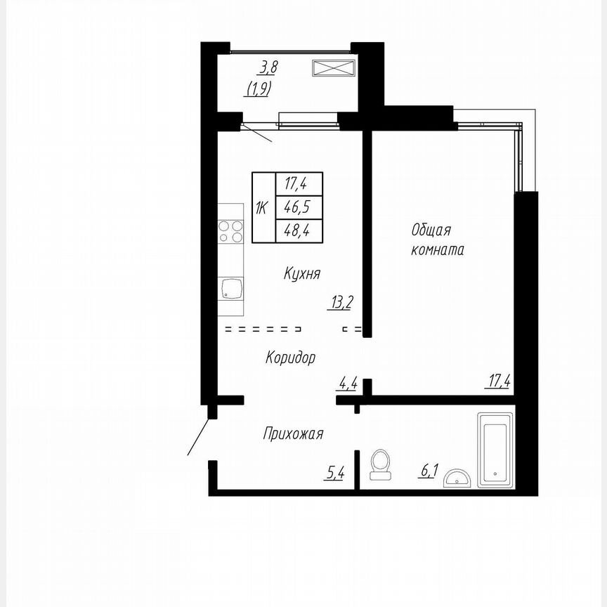 1-к. квартира, 48,4 м², 1/17 эт.