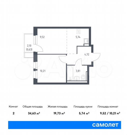 2-к. квартира, 34,6 м², 17/17 эт.