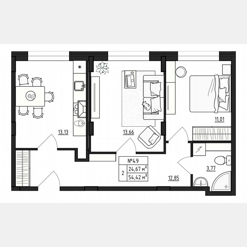 2-к. квартира, 54,4 м², 1/4 эт.