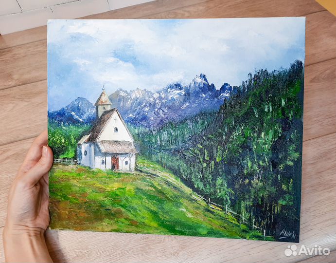 Картина церковь горы Картина маслом Горный пейзаж