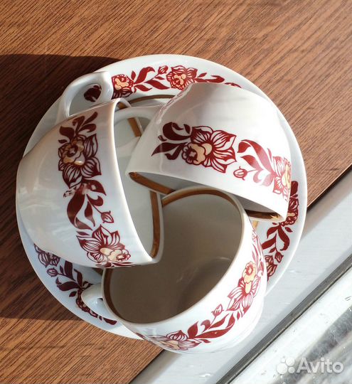 3 чайные пары+чайник фарфор Богдановичи винтаж