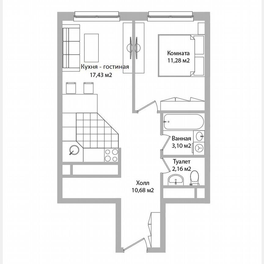 2-к. апартаменты, 44,7 м², 11/16 эт.