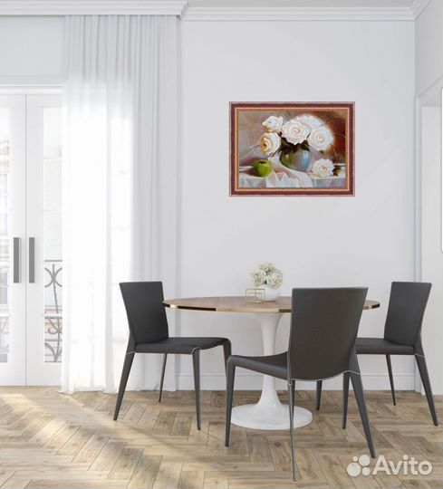 Букет цветов белые розы в вазе картина 30 х 40 см