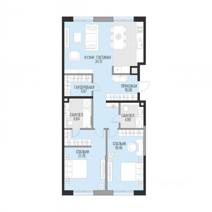2-к. квартира, 107,1 м², 2/6 эт.