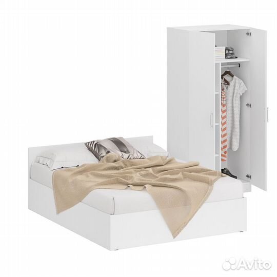 Кровать белая двуспальная 1600 со шкафом для одежды 2-х створчатым Стандарт, цвет белый, спальное ме