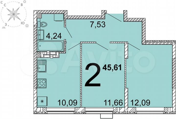 2-к. квартира, 45,6 м², 5/15 эт.