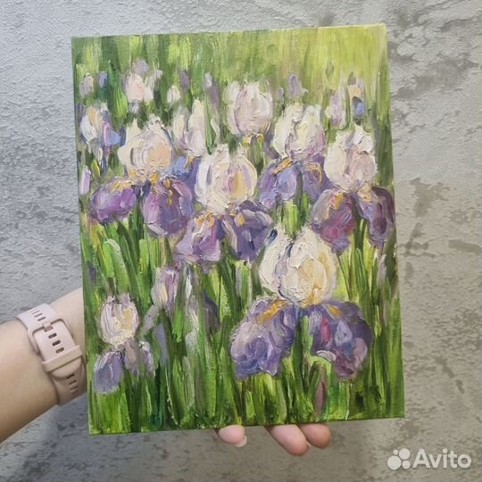 Картина маслом ирисы миниатюра цветы