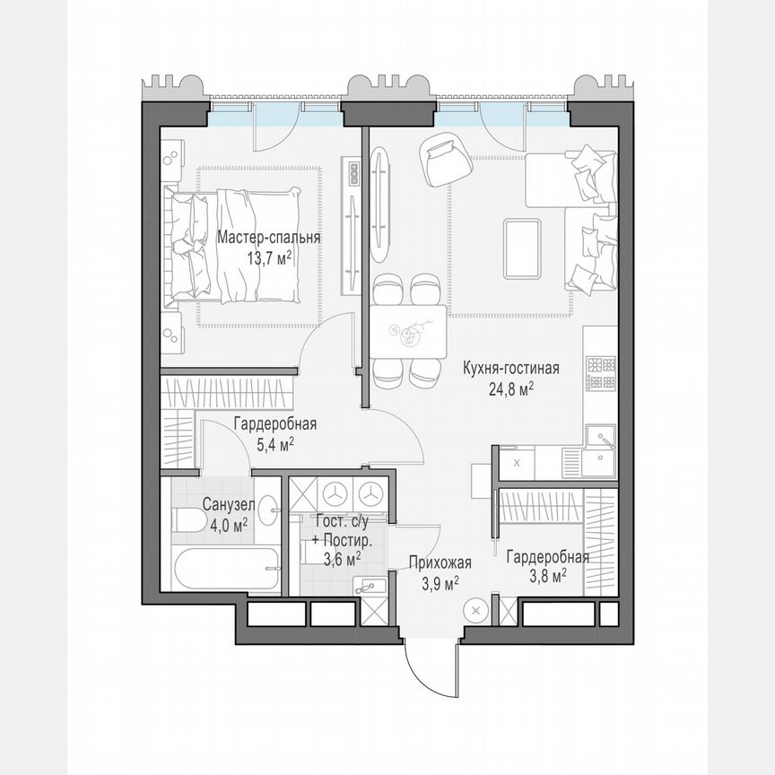1-к. квартира, 59,3 м², 11/14 эт.