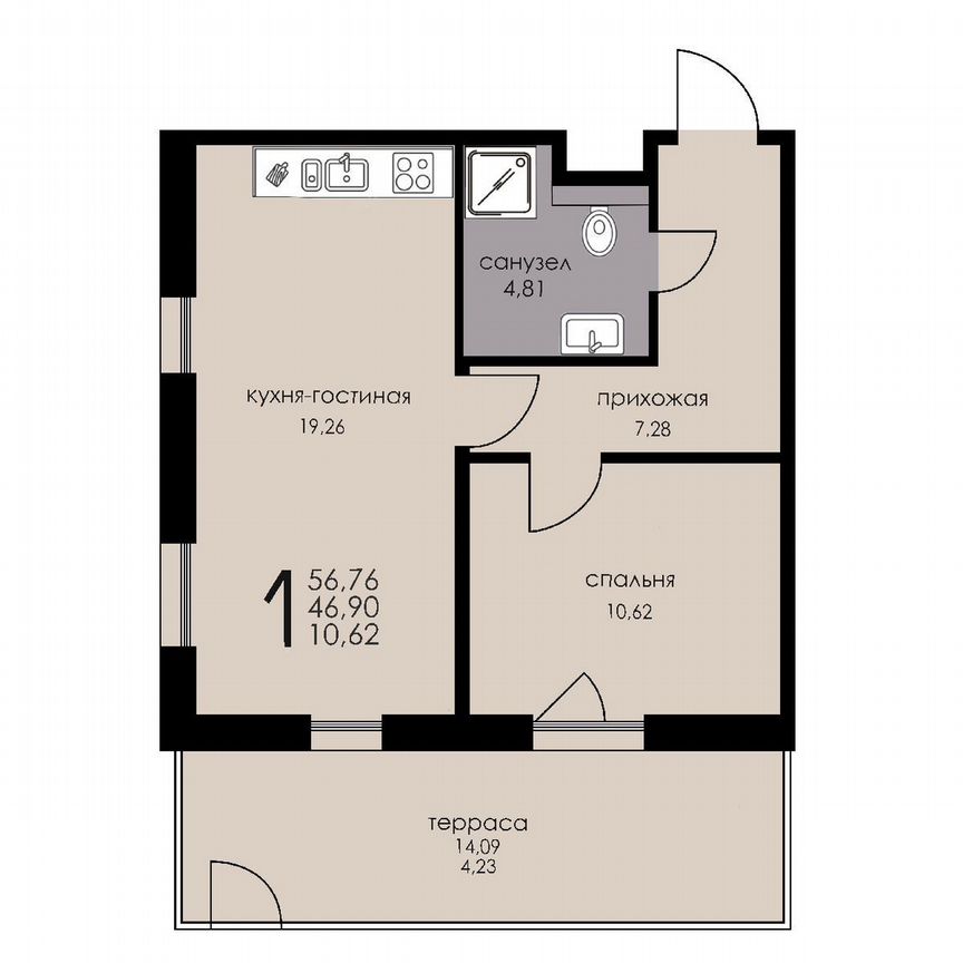 1-к. апартаменты, 46,9 м², 1/6 эт.