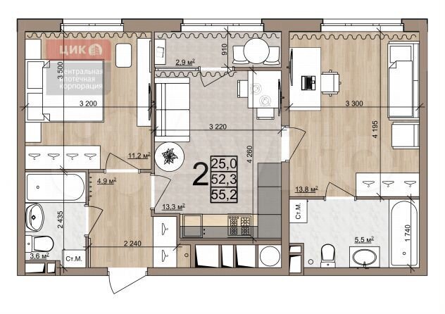 2-к. квартира, 55,2 м², 9/25 эт.