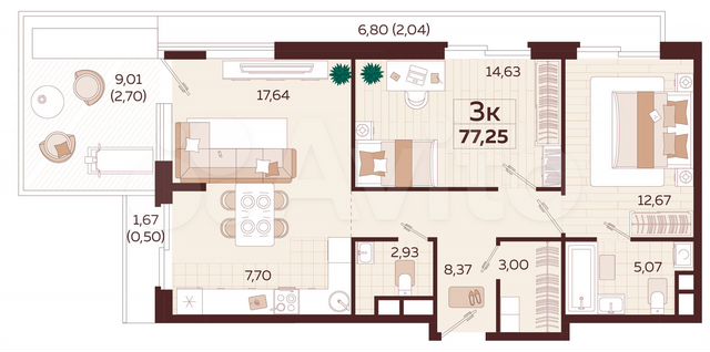3-к. квартира, 75,7 м², 2/9 эт.