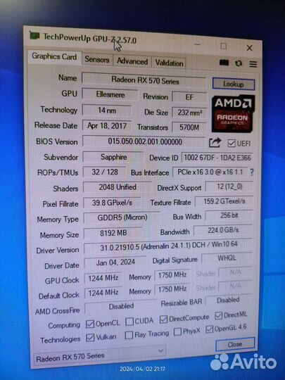 Видеокарта rx570 8gb sapphire nitro+