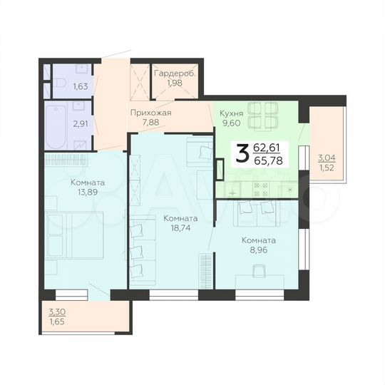 3-к. квартира, 65,8 м², 11/19 эт.