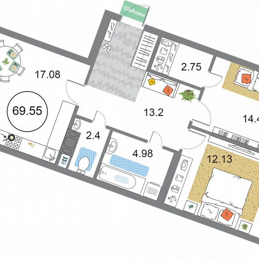 2-к. квартира, 69,6 м², 3/12 эт.