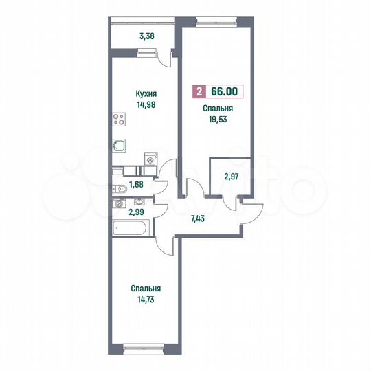2-к. квартира, 66 м², 9/16 эт.