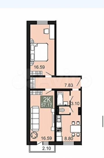 2-к. квартира, 57,2 м², 2/9 эт.
