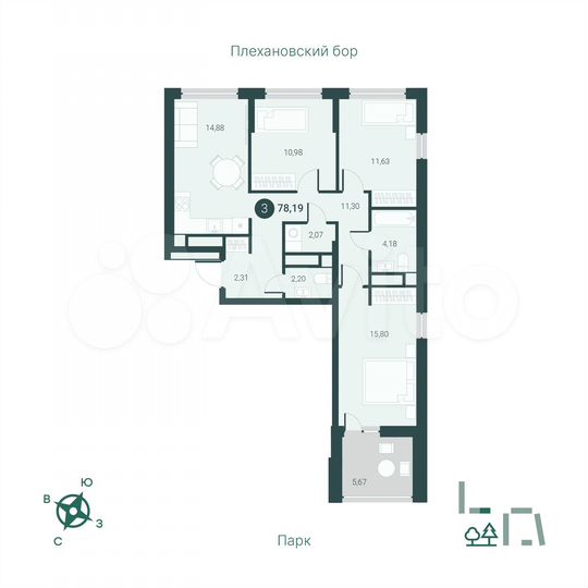 3-к. квартира, 78,2 м², 7/14 эт.