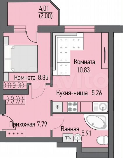 2-к. квартира, 40,6 м², 15/16 эт.