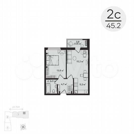 2-к. квартира, 45,2 м², 4/8 эт.