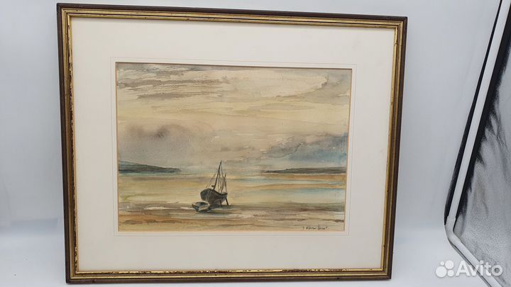 Антикварная картина акварель Морской пейзаж