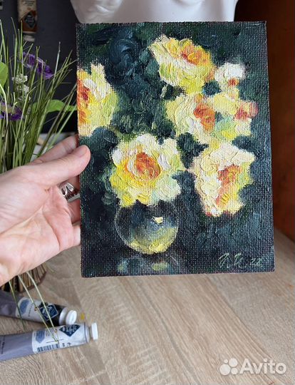 Картина маслом с цветами, желтые розы, 15/20 см