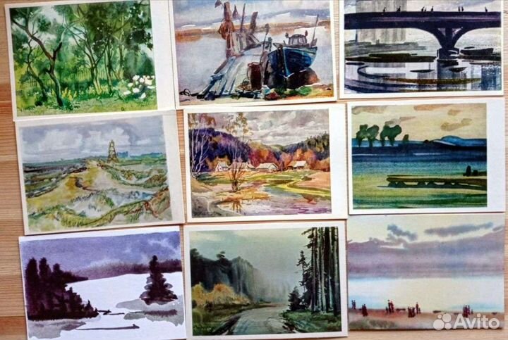 Акварельные пейзажи, 47 открыток. Акварель