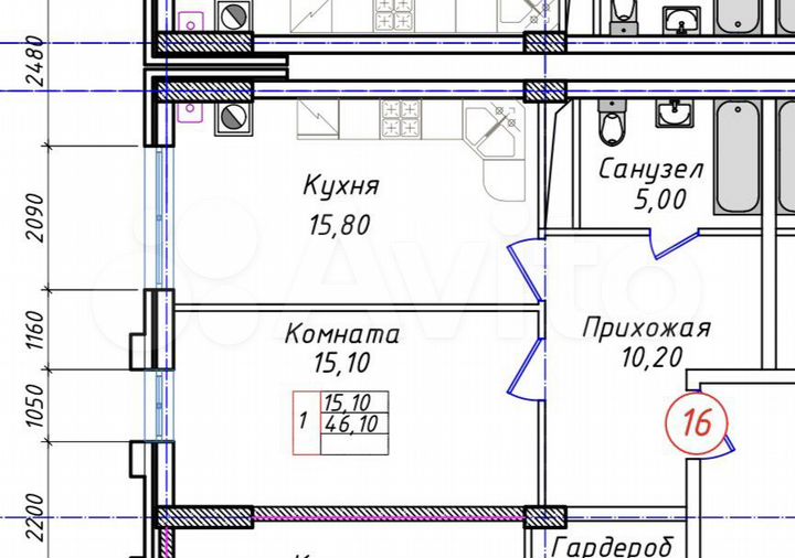 1-к. квартира, 46,1 м², 2/8 эт.